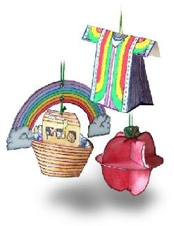 Paper cutouts of arc, rainbow robe, and apple