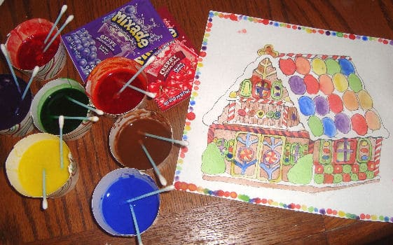 DIY scratch and sniff paint cups and gingerbread house coloring sheet