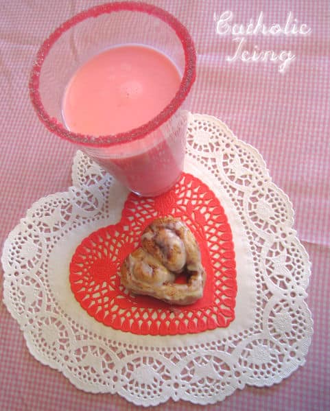 Valentine breakfast of cinnamon bun and strawberry milk