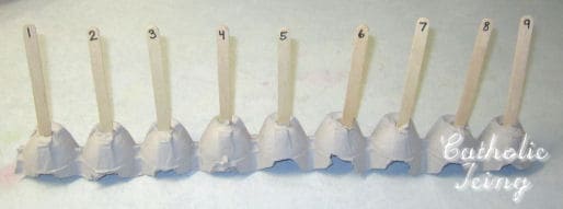 Popsicle sticks poked into egg carton with numbers written on