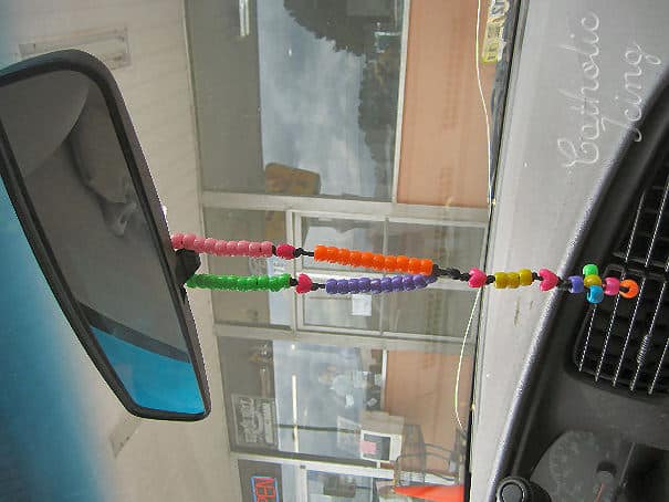 Finished Beaded Rosary on Rearview Mirror