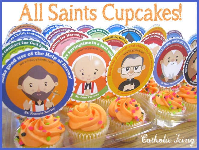 All Saints toppers on cupcakes with orange frosting.