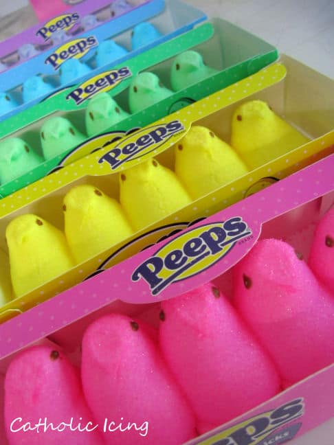 Rainbow colored peeps in packages.