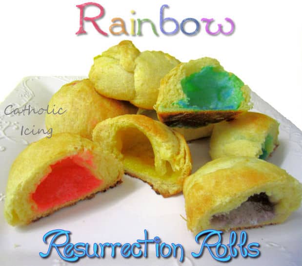 Rainbow resurrection rolls for Easter on a white background.