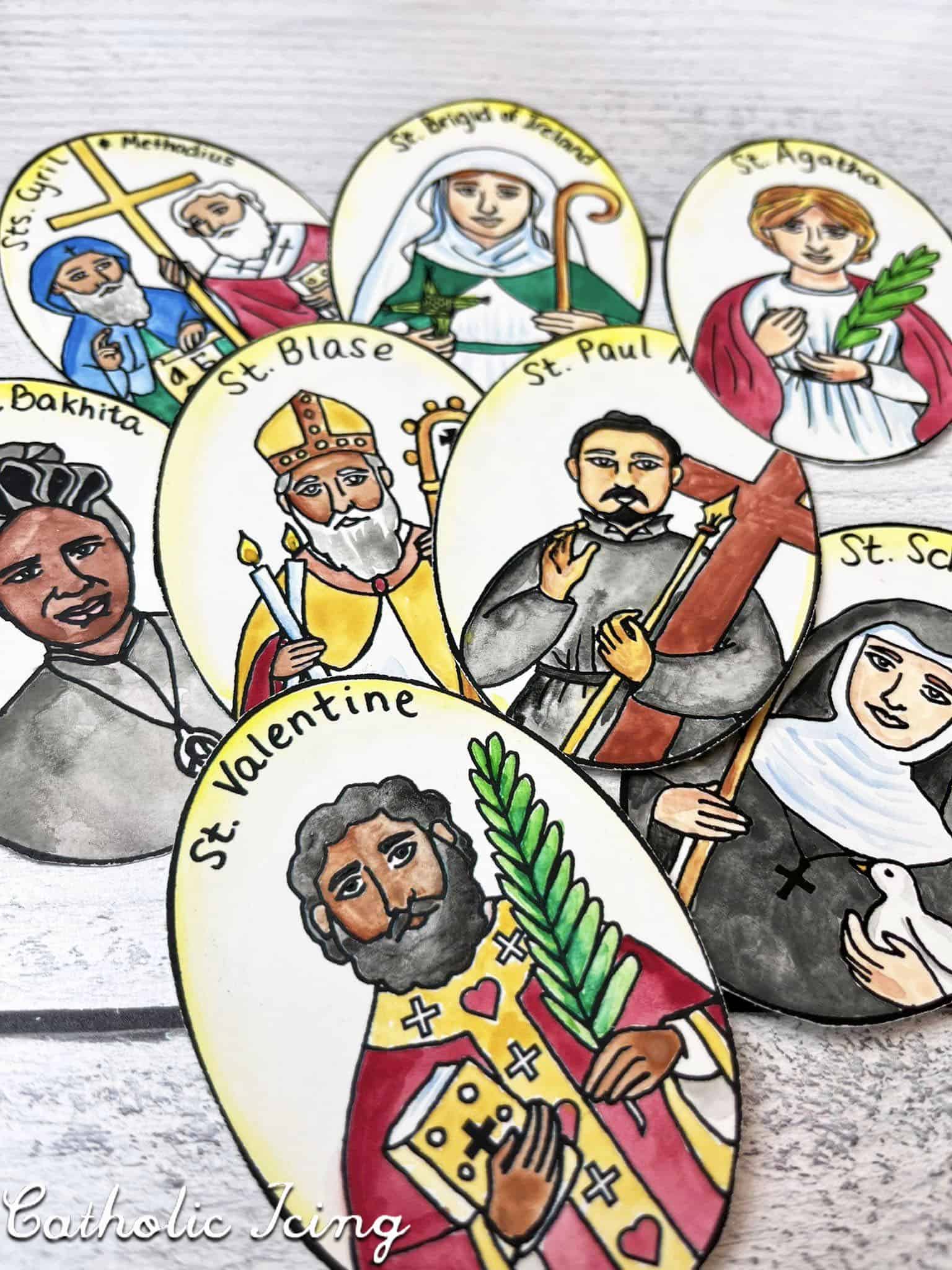 Catholic Saints Coloring Activity Ovals that have been colored and cut out.